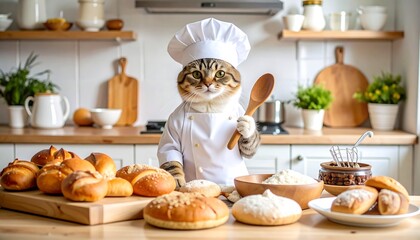 Naklejka premium A tabby cat, dressed as a chef, stands in a kitchen surrounded by freshly baked bread and pastries, holding a wooden spoon