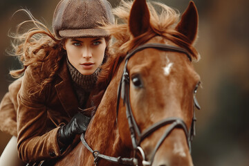 Fototapeta premium Woman Riding Horse in Equestrian Outfit, Outdoor Adventure