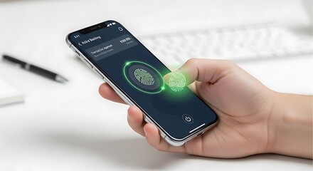 Illustration of hand using smartphone with fingerprint scan for biometric authentication