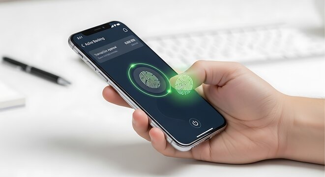 Illustration of hand using smartphone with fingerprint scan for biometric authentication