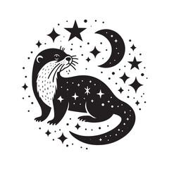 Asian Small Clawed Otter Silhouette with Intricate Mandala Cutout Patterns Clean Black Vector Wildlife Art Design