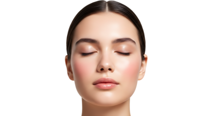 Beautiful young woman with closed eyes and perfect skin isolated on transparent background