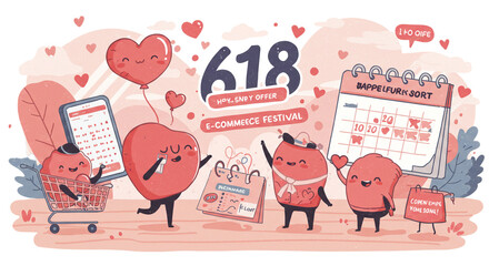 Adorable cartoon characters joyfully celebrate a vibrant e-commerce festival, engaging in online shopping and marking important dates on their calendars.