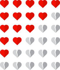 Review rating scale with images of broken hearts. Vector illustration with transparent background