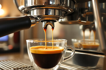 Espresso Machine Brewing Coffee A Close Up of a Coffee Machine Brewing a Cup of Rich Dark Coffee with Steam Rising