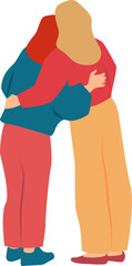 Two standing women hugging each other. Vector illustration with transparent background.