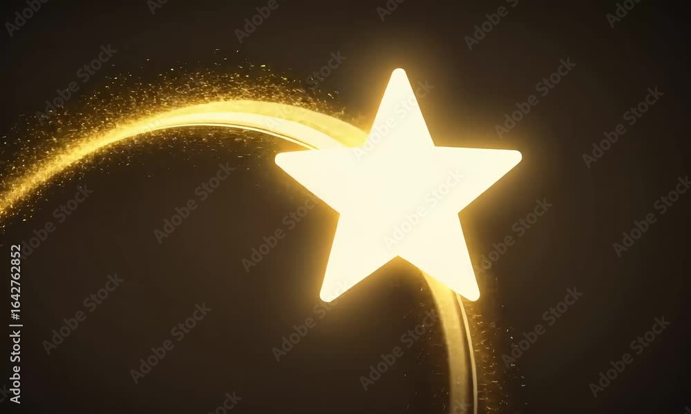 Poster Glowing star with golden light trails and sparkling particles on a dark background animation loop