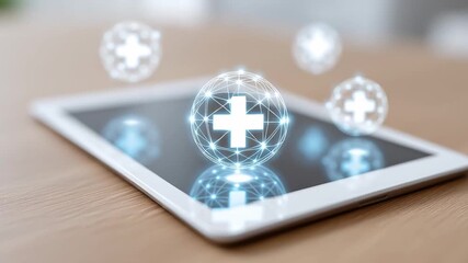 Digital tablet health technology featuring glowing medical cross icons, trustworthy health insurance, and connected network for advanced digital healthcare protection and services - Powered by Adobe