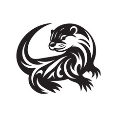 Tribal Tattoo Style Asian Small Clawed Otter Silhouette with Flame Feather Details and Curved Lines Vector Design