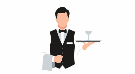 Professional waiter in a black vest and bow tie, holding a serving tray with a glass. Faceless character illustration.