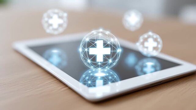 Digital tablet health technology featuring glowing medical cross icons, trustworthy health insurance, and connected network for advanced digital healthcare protection and services