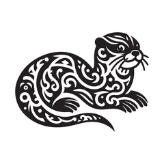 Tribal Tattoo Style Asian Small Clawed Otter Silhouette with Flame Feather Details and Curved Lines Vector Design