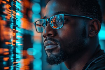 AI cybersecurity threat concept, featuring a Black IT specialist analysing artificial intelligence data leaks, Generative AI