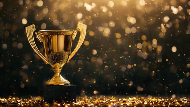 A golden champion trophy gleaming in the spotlight against a magical background with colorful confetti celebration, symbolizing success, victory, and jubilation.