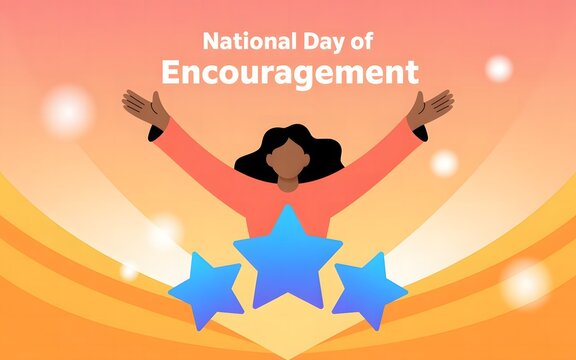 National Day of Encouragement Illustration with Open-Armed Figure and Stars on Warm Gradient Background