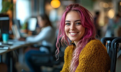 Inclusive image of happy female employee with pink hair sitting in a wheelchair in a diverse DEI workplace, Generative AI