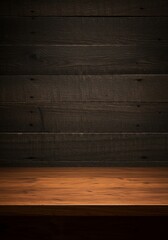 Dark Wooden Wall with Wooden Shelf in Studio Setting for Interior Design or Product Display