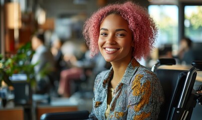 Inclusive image of happy female employee with pink hair sitting in a wheelchair in a diverse DEI workplace, Generative AI