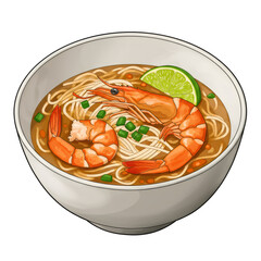 Bowl of Shrimp Noodle Soup with Lime Slice on Transparent Background Vector Illustration