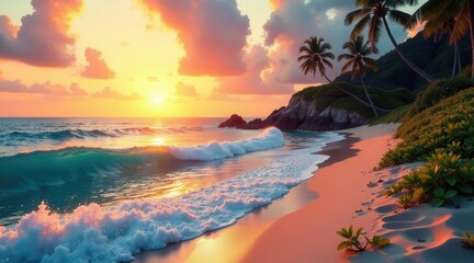 Serene Sunset Beach Scene Golden Hour Waves Crashing on Pristine Sand, Palm Trees Silhouetted Against Vibrant Sky