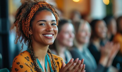 Diversity & inclusion in business. Happy diverse multiethnic group of women clapping at a company networking conference, Generative AI