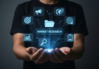 Fototapeta premium Market Research and Business Analysis Concept. Businesswoman working on market research with data graphics, charts, marketing icons, analytics, strategy, and business insights for decision making.