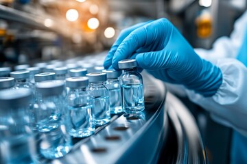 Pharmacist scientist with sanitary gloves examining medical vials on a production line conveyor belt in a pharmaceutical healthcare factory, Generative AI