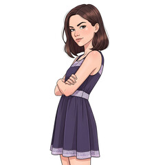 Fototapeta premium Confident young woman with arms crossed, exuding style and self-assurance in a fashionable purple dress.