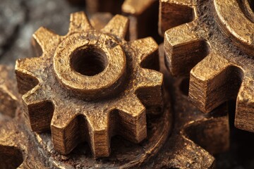 Close-up of bronze gears, intricate mechanics, textured background, industrial setting; concept image for teamwork
