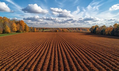 Realistic aerial photograph of a field covered with autumn leaves, offering a sweeping view of nature's seasonal transformation, Generative AI