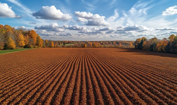 Realistic aerial photograph of a field covered with autumn leaves, offering a sweeping view of nature's seasonal transformation, Generative AI