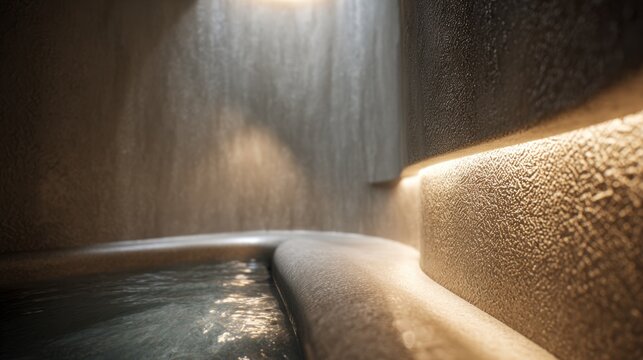 Medium shot capturing the textured walls of a modern mikveh pod emphasizing sustainable design and intimate privacy with the softly defocused environment enhancing focus on the
