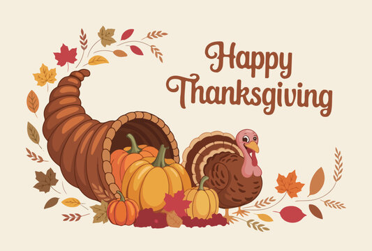 Happy thanksgiving with a cornucopia and a turkey
