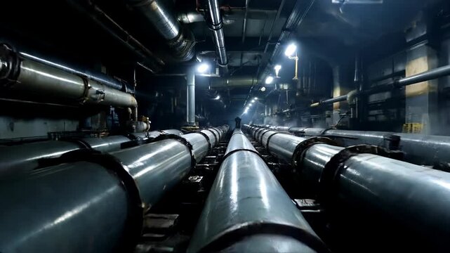 Industrial Facility Interior with Parallel Pipes in Dim Lighting and Steam