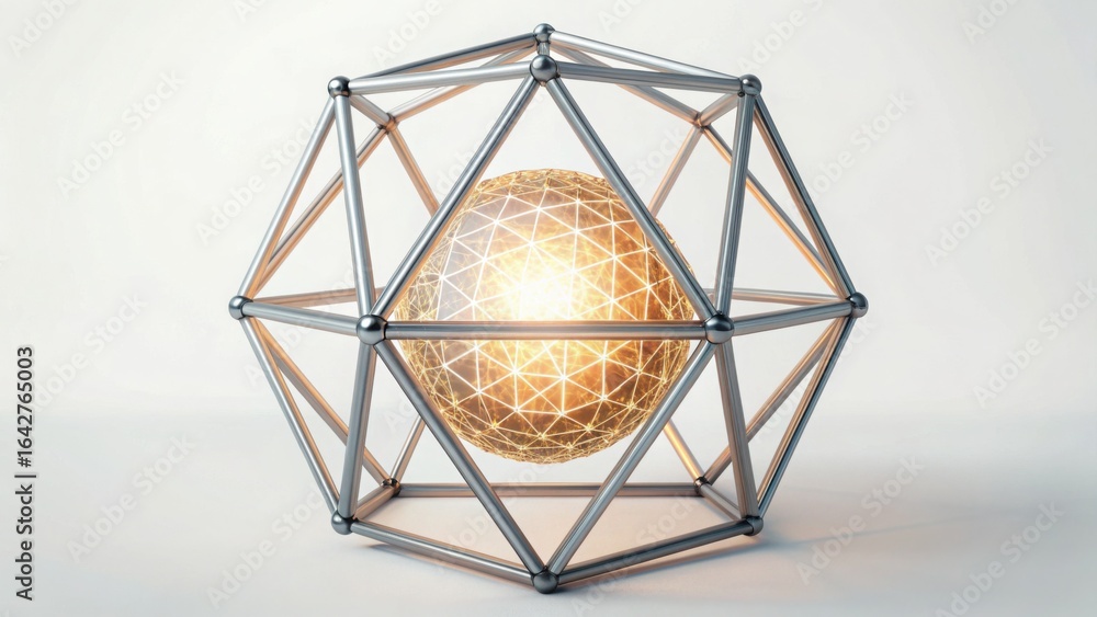 Poster glowing sphere within geometric frame with metallic structure