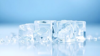 Obraz premium Detailed 4K Macro of Crystal Ice Cubes on Reflective Glossy Surface with Droplets and Copy Space