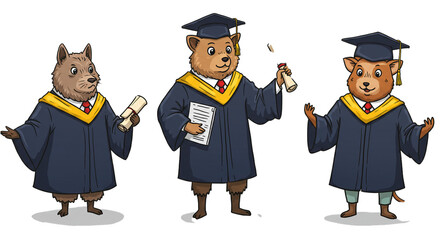 Three cartoon animal graduates celebrate their academic achievement with diplomas and graduation attire.