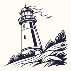 Beacon of Solitude: A stark black and white illustration of a solitary lighthouse, its sturdy silhouette a steadfast guide against the raw power of the ocean. Waves crash, seagulls soar.