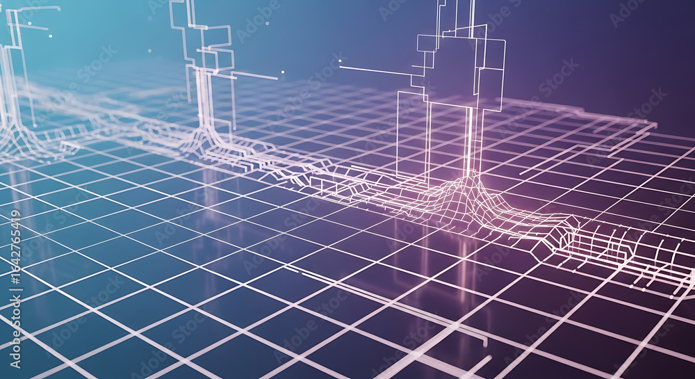 Poster abstract wireframe landscape on a grid with geometric shapes and a blue and purple gradient backgrou