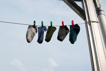 Socks lined up to dry
