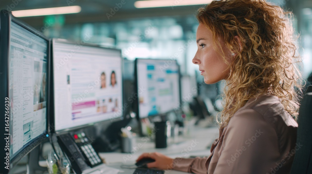 Poster office cubicle scene with hr expert using dual monitors to compare candidate profiles enhancing the 
