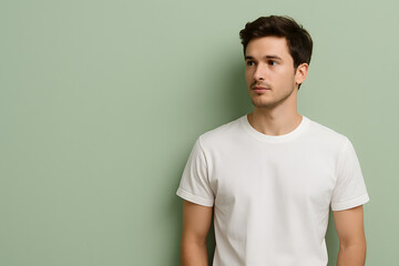 Obraz premium Portrait of handsome man in white t shirt looking to the side studio shot