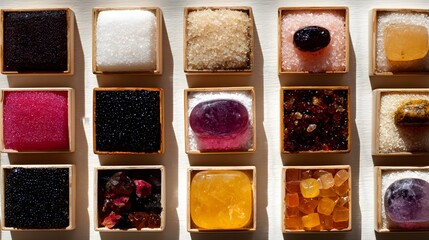 Assorted small boxes containing various granular materials and stones.