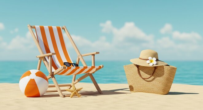 Beach Day Still Life: Striped Chair, Woven Bag, and Azure Sea