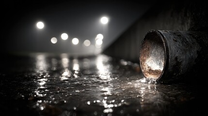 Rusty drainpipe spills water onto wet pavement at night