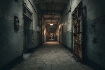 An old corridor of a creepy prison abandoned a long time ago.