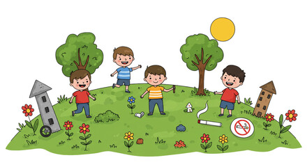 Four cheerful children play in a sunny park, emphasizing a clean environment with a no smoking policy.