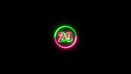 A dynamic circular and glowing neon number 29 on a black background.
