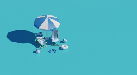 Beach Scene Minimalist Composition: Blue Striped Chairs and Umbrella