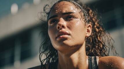 Sideangle medium shot of a sweating jogger standing still intently watching their wearables motivation level rise questioning if this digital feedback truly boosts their workout